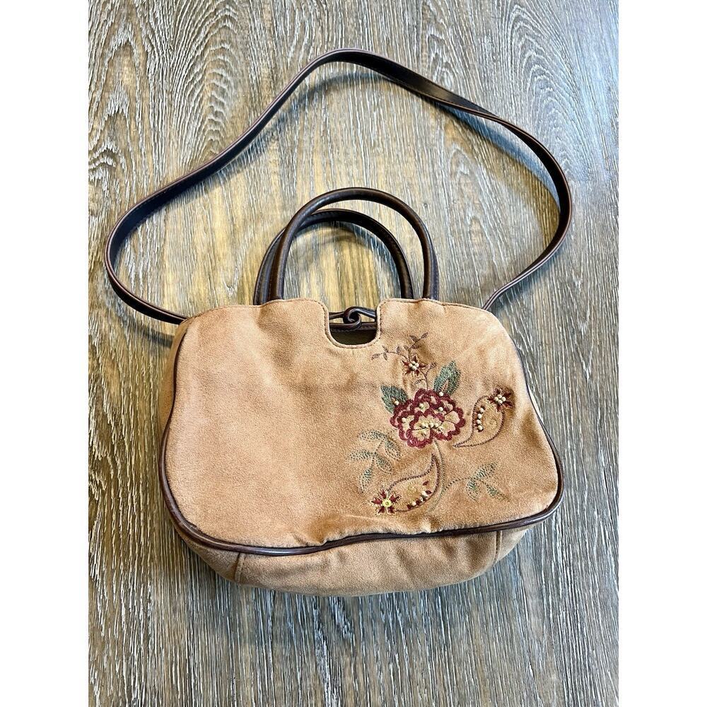 Liz Claiborne Shoulder Bag Medium Brown‎ Crossbody Boho Flower Embroidered VTG